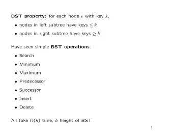 BST property: for each node v with key k ,  nodes in left subtree have keys  k  nodes in