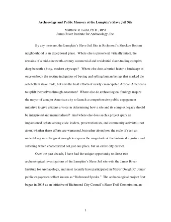 Archaeology and Public Memory at the Lumpkins Slave Jail Site  Matthew R. Laird, Ph.D., RPA