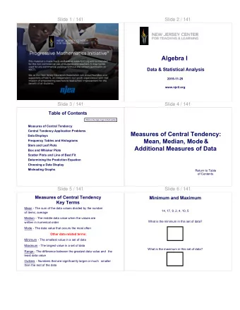 Measures of Central Tendency:  Data Displays  Mean, Median, Mode &amp;  Frequency Tables and