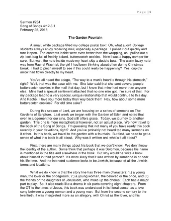 Sermon #234  Song of Songs 4:12-5:1  February 25, 2018  The Garden Fountain  A small, white package