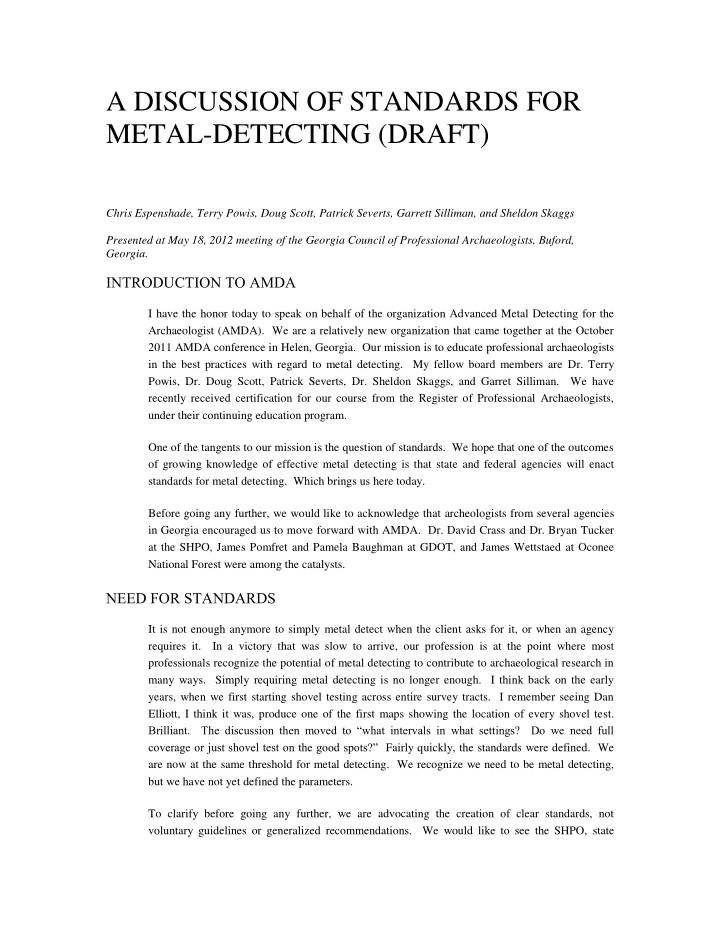 a discussion of standards for metal detecting draft