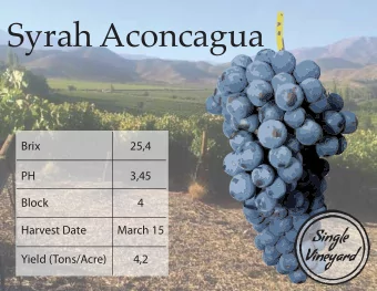 Syrah Aconcagua  Brix  25,4  PH  3,45  Block  4  Harvest Date  March 15  Yield (Tons/Acre)  4,2
