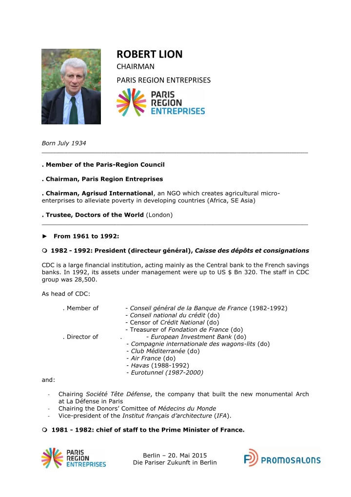 robert lion chairman paris region entreprises born july