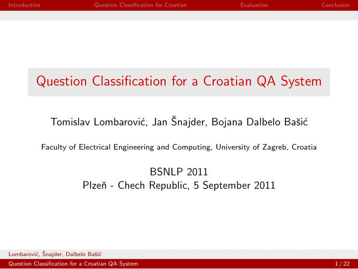 question classification for a croatian qa system