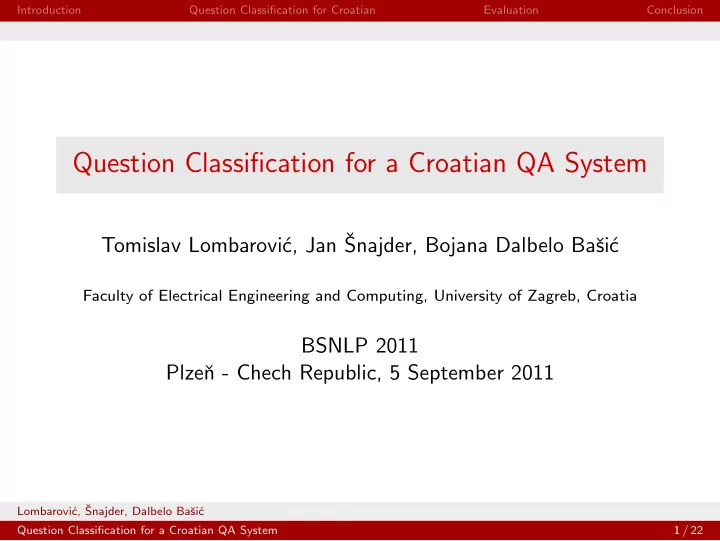 question classification for a croatian qa system