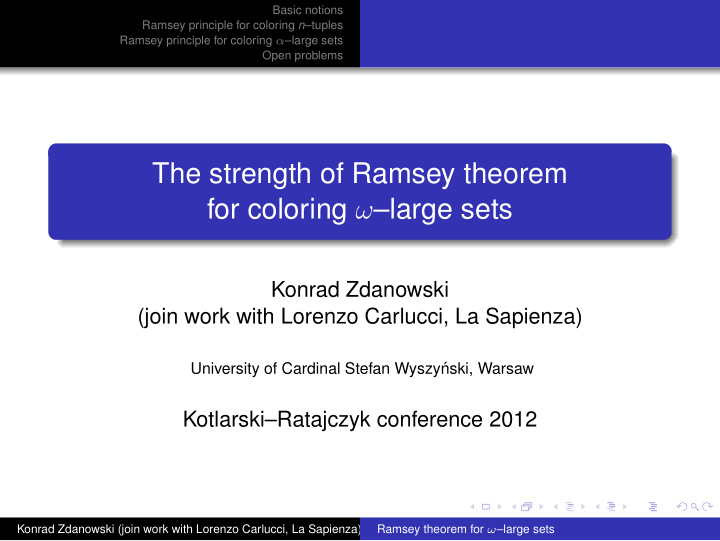 the strength of ramsey theorem for coloring large sets