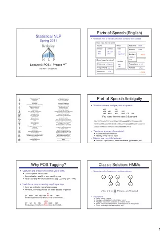 Parts-of-Speech (English)  Statistical NLP    One basic kind of linguistic structure: syntactic