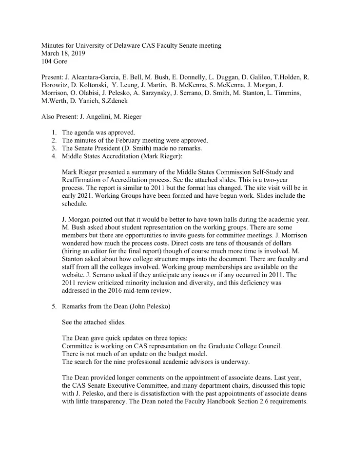 minutes for university of delaware cas faculty senate