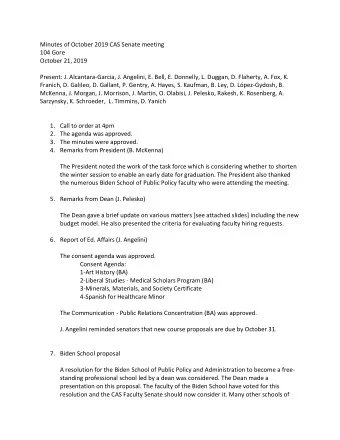 Minutes of October 2019 CAS Senate meeting  104 Gore  October 21, 2019  Present: J.