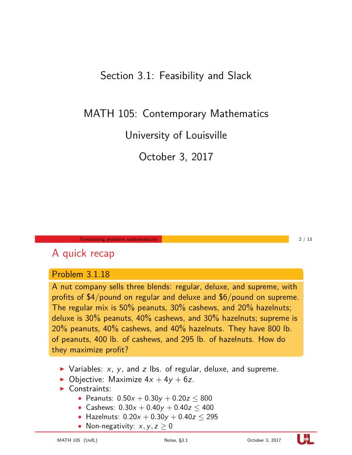 section 3 1 feasibility and slack math 105 contemporary