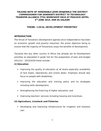 THEME:  LOCAL DEVELOPMENT PRIORITIES  INTRODUCTION  The thrust of Tanzania's development