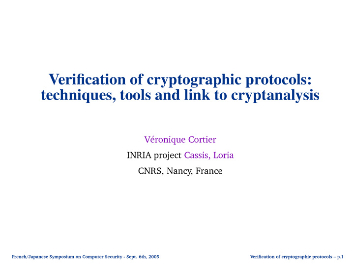 verification of cryptographic protocols techniques tools