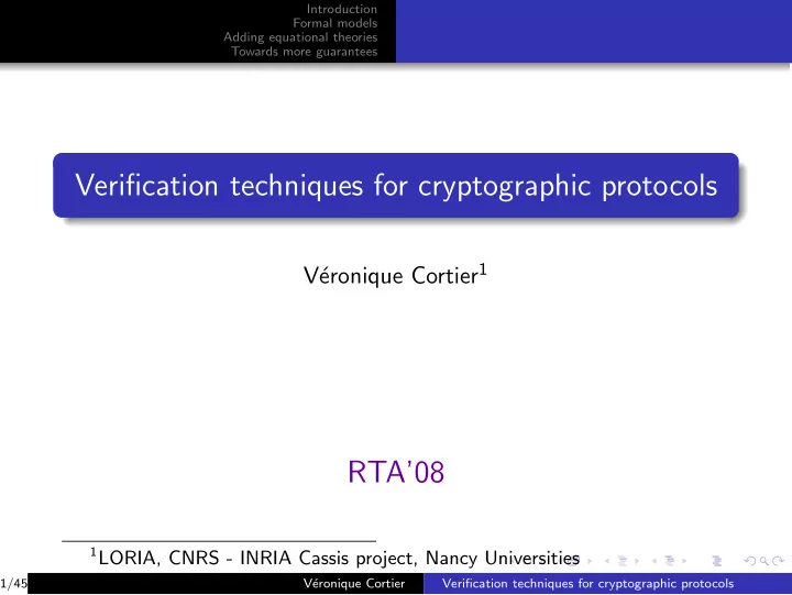 verification techniques for cryptographic protocols