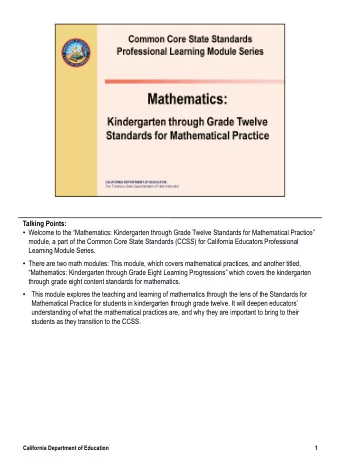 Talking Points:  Welcome to the  Mathematics: Kindergarten through Grade Twelve Standards for