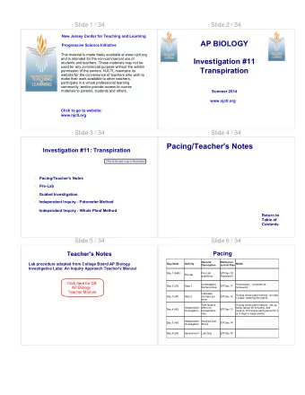 Pacing/Teacher's Notes  Investigation #11: Transpiration  Click on the topic to go to that section