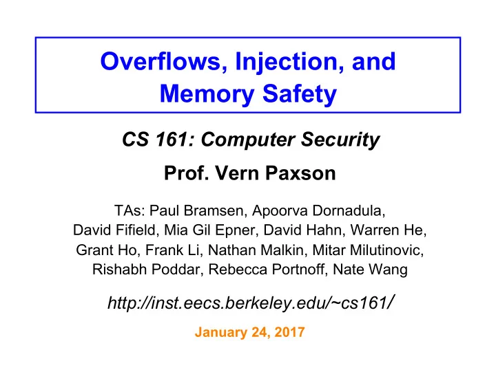overflows injection and memory safety