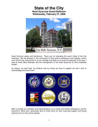 State of the City  Hotel Syracuse Grand Ballroom  Wednesday, February 27, 2008  Good Evening Ladies
