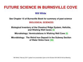 FUTURE SCIENCE IN BURNSVILLE COVE  Will White  See Chapter 15 of Burnsville Book for summary of