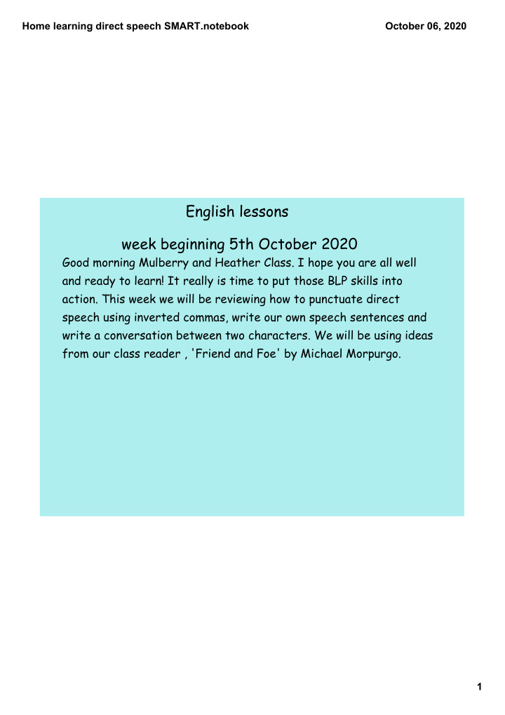 english lessons week beginning 5th october 2020