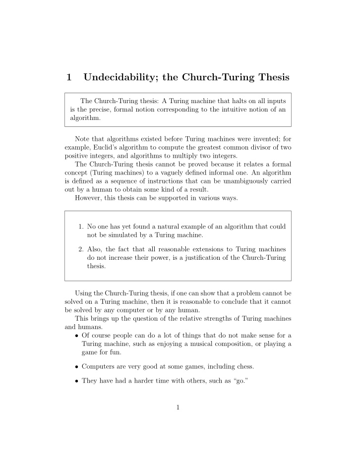 1 undecidability the church turing thesis