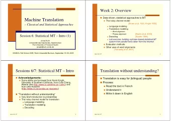 Machine Translation  The noisy channel model  [Brown et al. 1990, Knight 1999]  Classical and