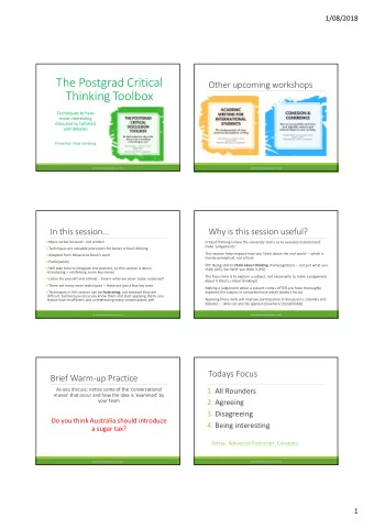The Postgrad Critical  Other upcoming workshops  Thinking Toolbox  Techniques to have  more