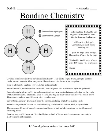Bonding Chemistry  I understand that this booklet will  be graded by my teacher while I  take the