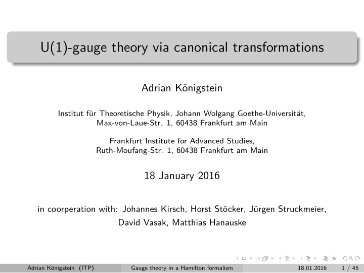 u 1 gauge theory via canonical transformations