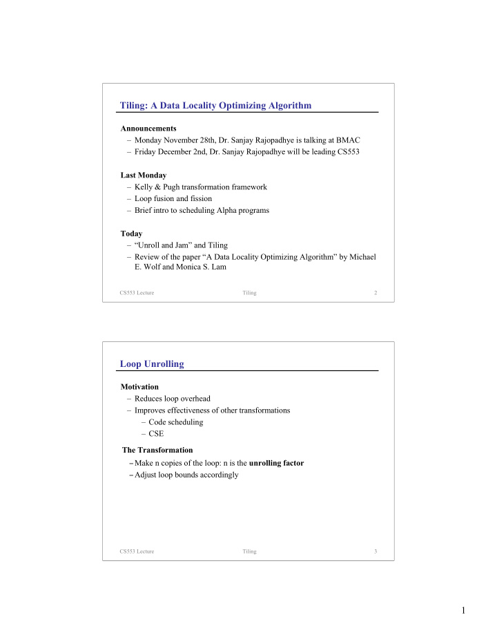 tiling a data locality optimizing algorithm