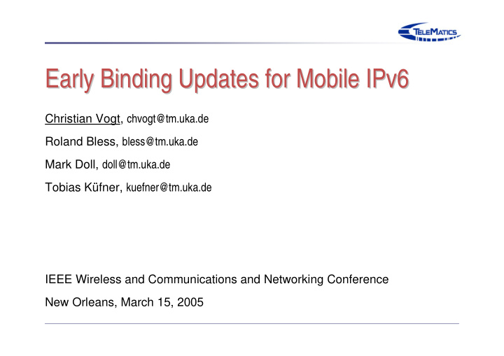 early binding updates for mobile ipv6 early binding