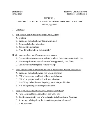 Economics 2  Professor Christina Romer  Spring 2020  Professor David Romer  LECTURE 2  COMPARATIVE