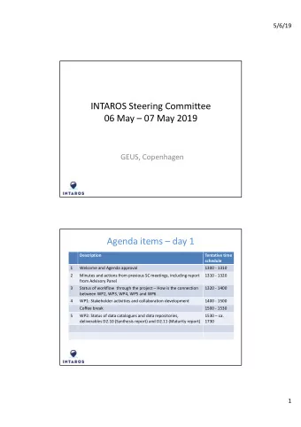 INTAROS Steering Committee  06 May  07 May 2019  GEUS, Copenhagen  Agenda items  day 1