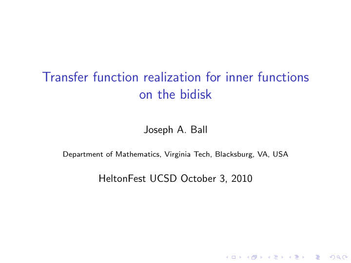 transfer function realization for inner functions on the