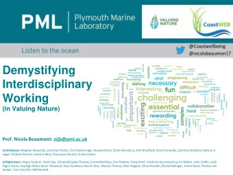Interdisciplinary  Working  (in Valuing Nature)  Prof. Nicola Beaumont: nijb@pml.ac.uk