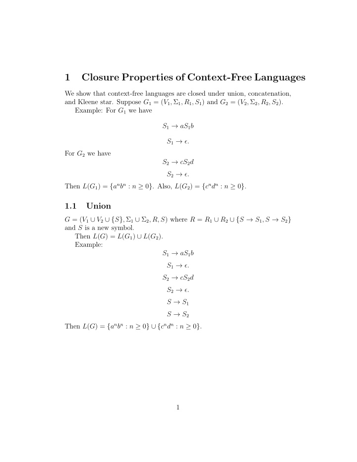 1 closure properties of context free languages