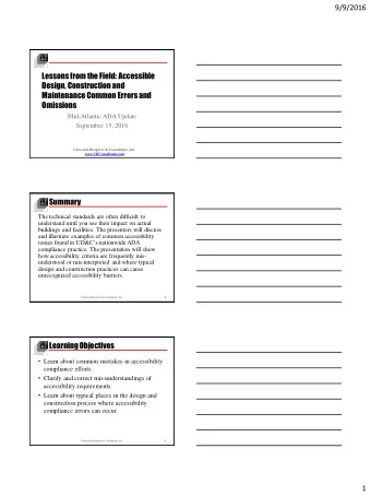 9/9/2016  Lessons from the Field: Accessible  Design, Construction and  Maintenance Common Errors