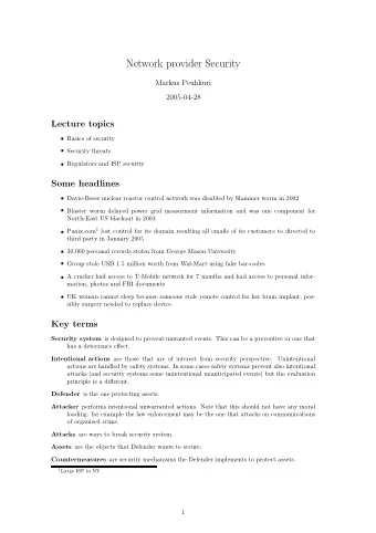 Network provider Security  Markus Peuhkuri  2005-04-28  Lecture topics  Basics of security