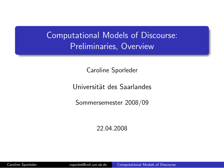 computational models of discourse preliminaries overview
