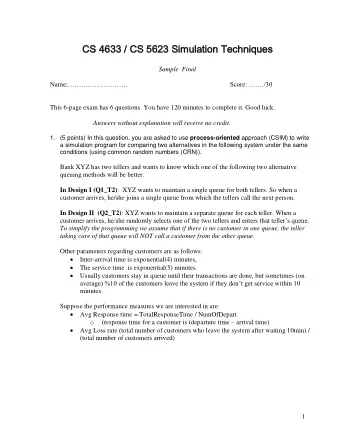 CS 46  S 4633  33 /  / CS 5  CS 5623  23 Sim  Simulatio  ulation Te  n Tech  chni  niques  ues
