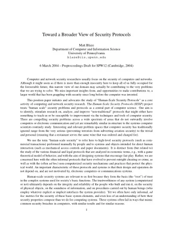 Toward a Broader View of Security Protocols  Matt Blaze  Department of Computer and Information