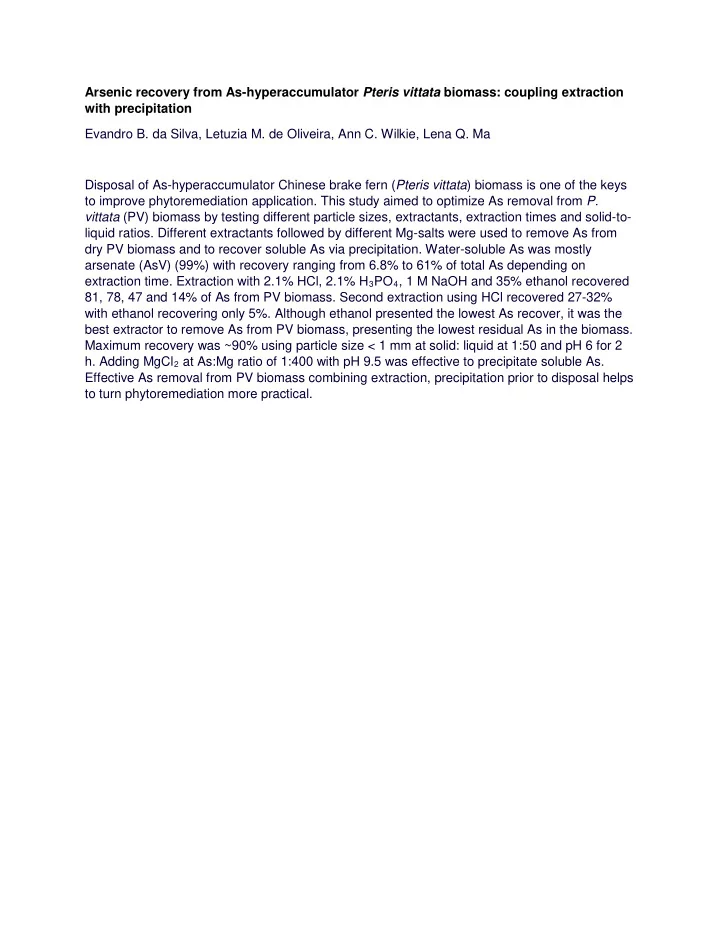 arsenic recovery from as hyperaccumulator pteris vittata