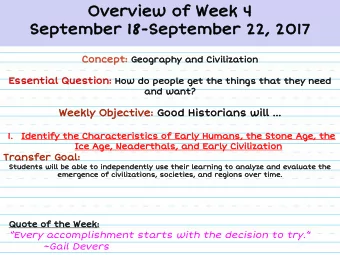 Overview of Week 4  September 18-September 22, 2017 Concept: Geography and Civilization Essential