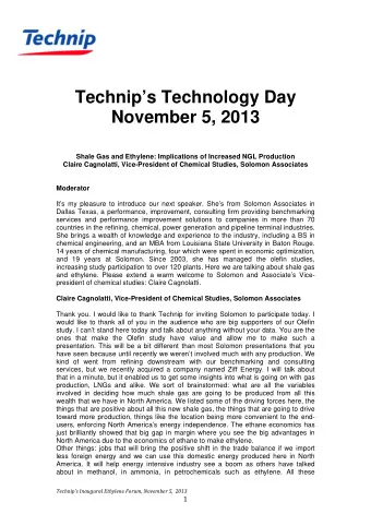 Technips Technology Day  November 5, 2013  Shale Gas and Ethylene: Implications of Increased NGL