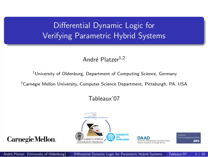 differential dynamic logic for verifying parametric