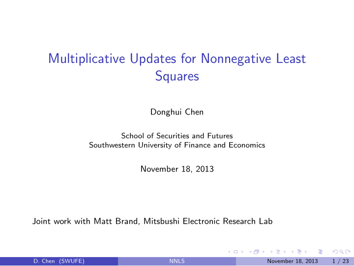 multiplicative updates for nonnegative least squares