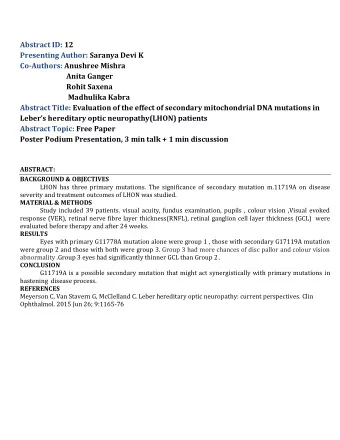 Abstract ID: 12  Presenting Author: Saranya Devi K  Co-Authors: Anushree Mishra  Anita Ganger