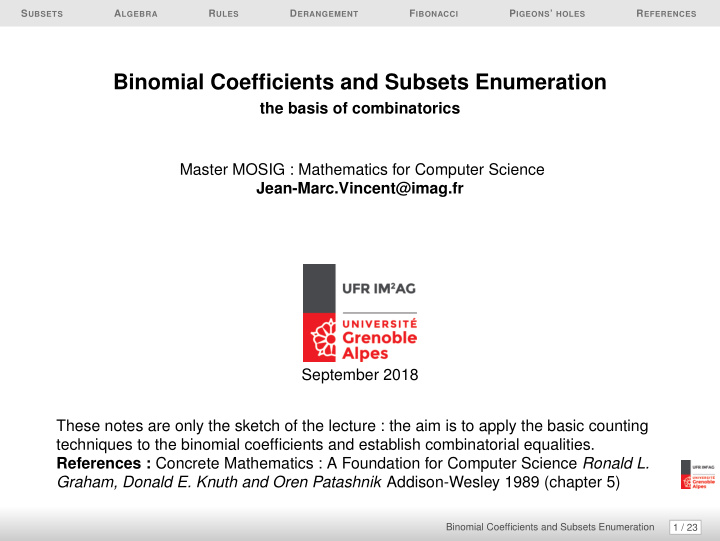 binomial coefficients and subsets enumeration