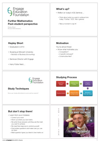 Whats up?  Reflect on todays VCE Seminar  Think about what you want to achieve from