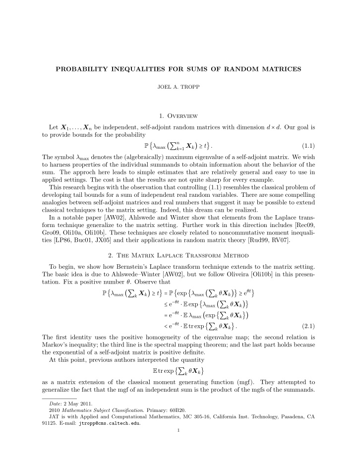 probability inequalities for sums of random matrices