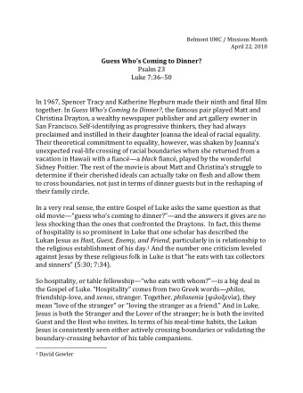 Guess Whos Coming to Dinner?  Psalm 23 Luke 7:36  50  In 1967, Spencer Tracy and Katherine